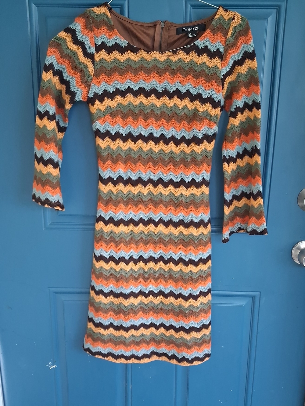 Forever 21 Orange, Blue, Brown Chevron Knit Mini Dress